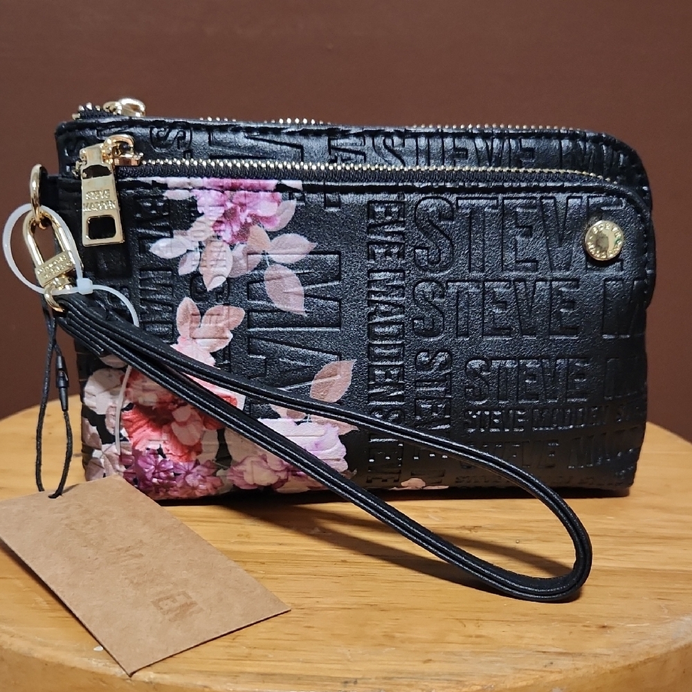 Steve Madden Black Wristlet with Pink Floral Design